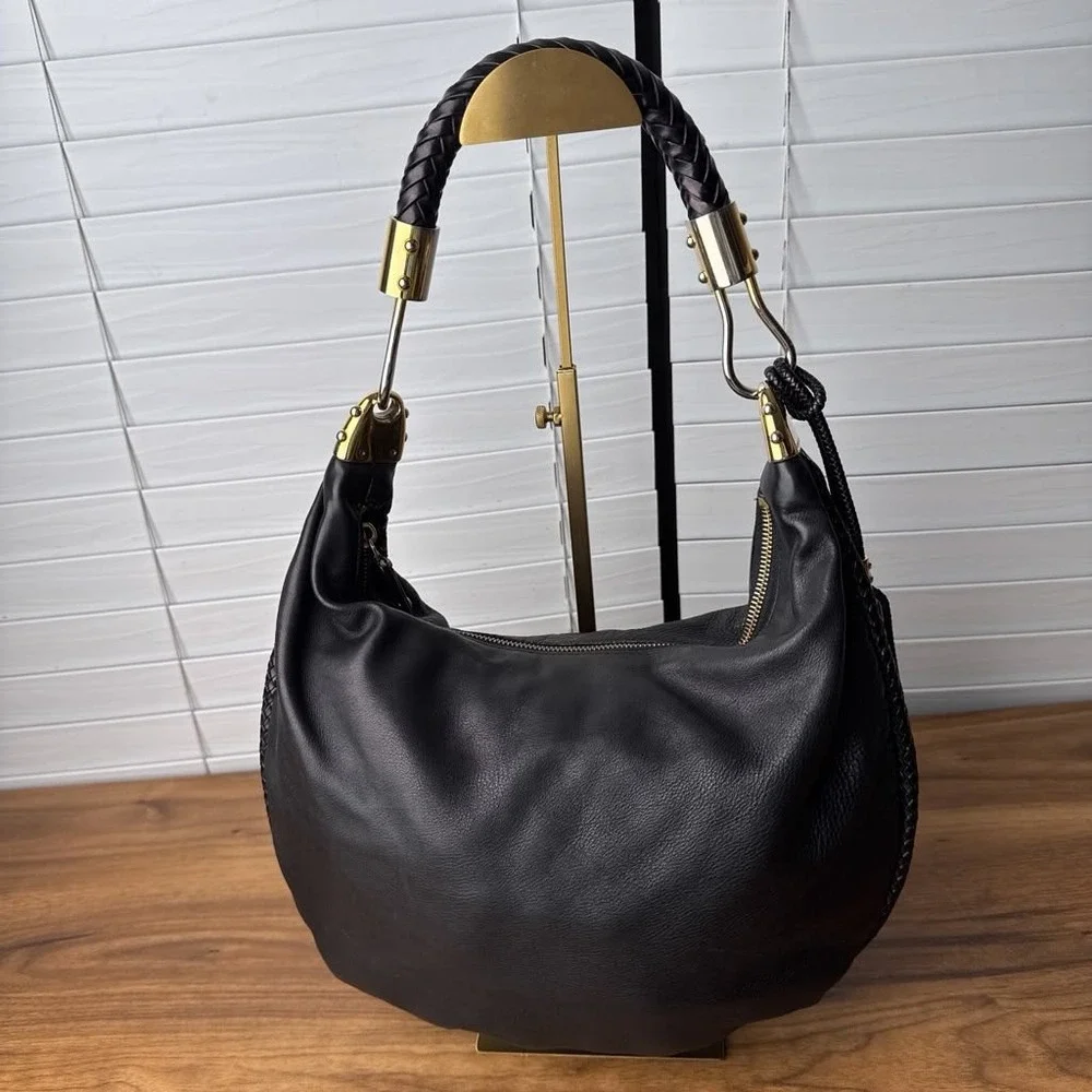 Michael Kors Skorpios Hobo Shoulder Bag Black Pebbled Leather Braided Handle